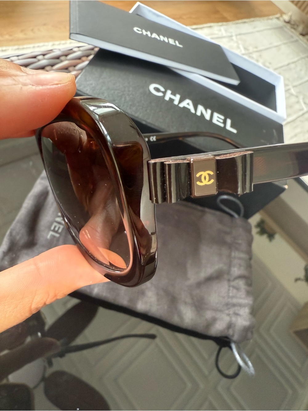 CHANEL Tortoiseshell Bow CC Logo Sunglasses with Gold Accent
